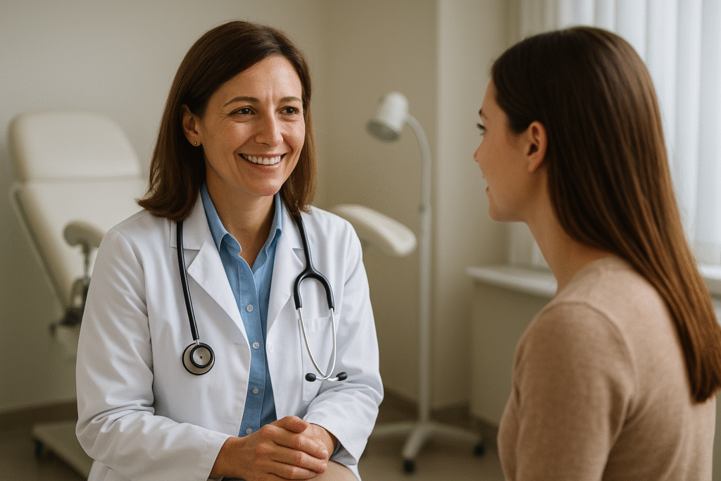 Smiling gynecologist speaking with a young woman in a clinic, showing empathy and building trust.